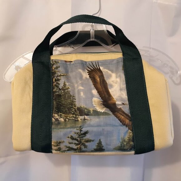 New Denim canvas Mini Duffle Tote Bag Western Eagles Mountains Tan Green arm bag - Picture 2 of 6